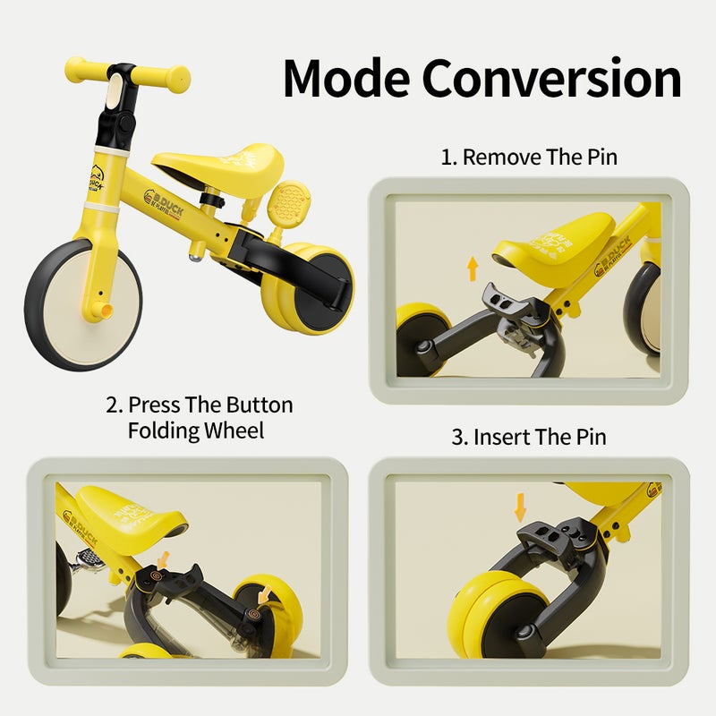 B.Duck - 3-in-1 ToddlerBike, Balance, Sliding, Tricycle Modes, Adjustable Seat & Handlebar, Indoor/Outdoor, Yellow, 1.5-3 Y - Image 4
